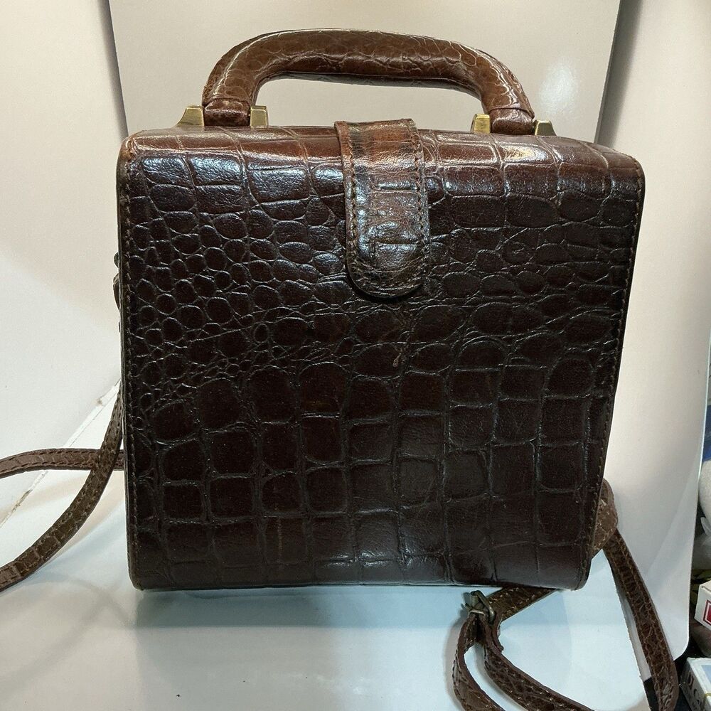 Vintage Brown Crocodile Embossed Leather Hard Case Shoulder Bag Briefcase